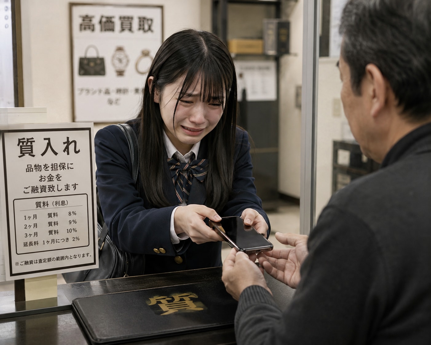 大事な物を質入れする女の子