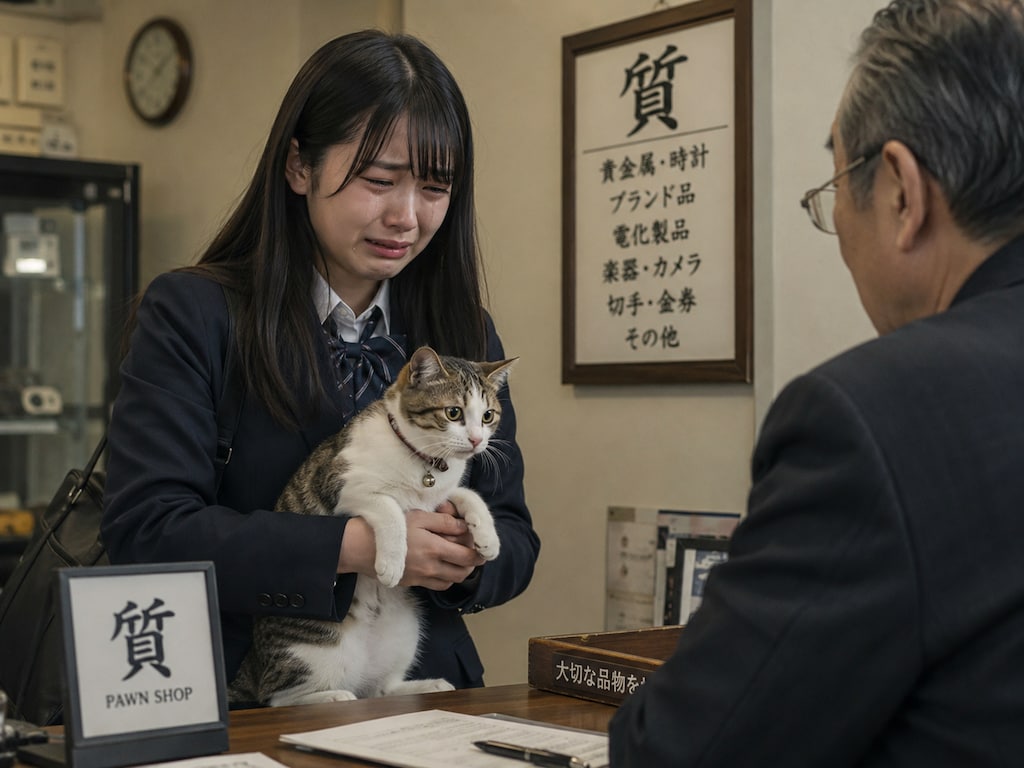 大事な物を質入れする女の子