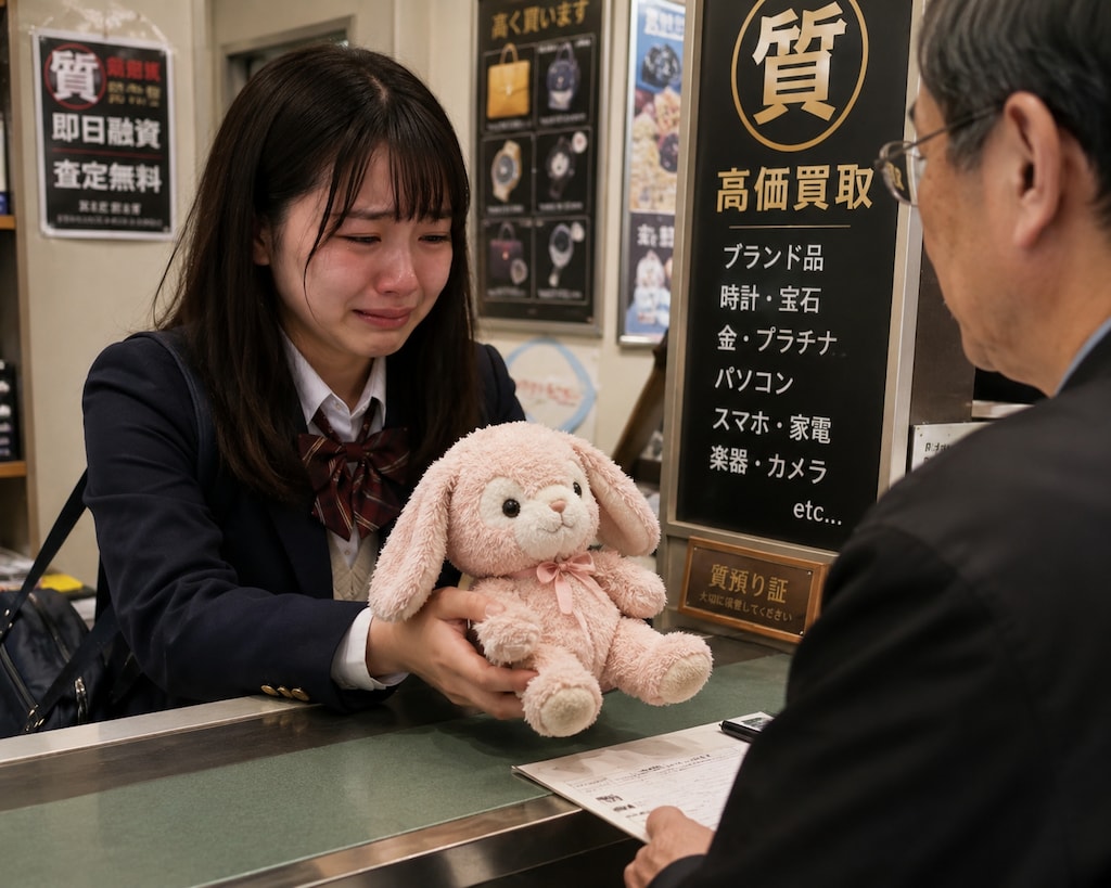 大事な物を質入れする女の子