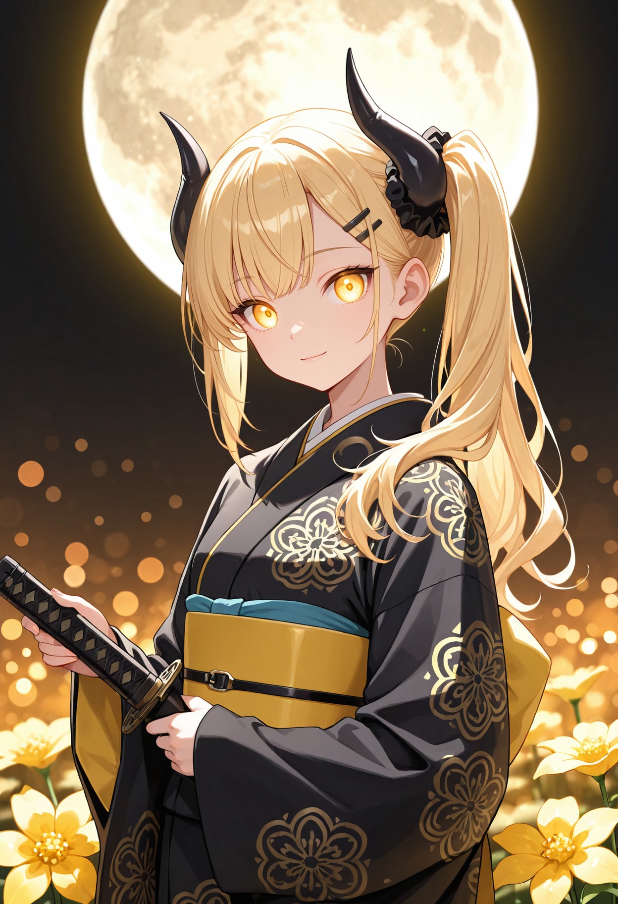 黄金月下の着物美人な女鬼高生さん | の人気AIイラスト・グラビア