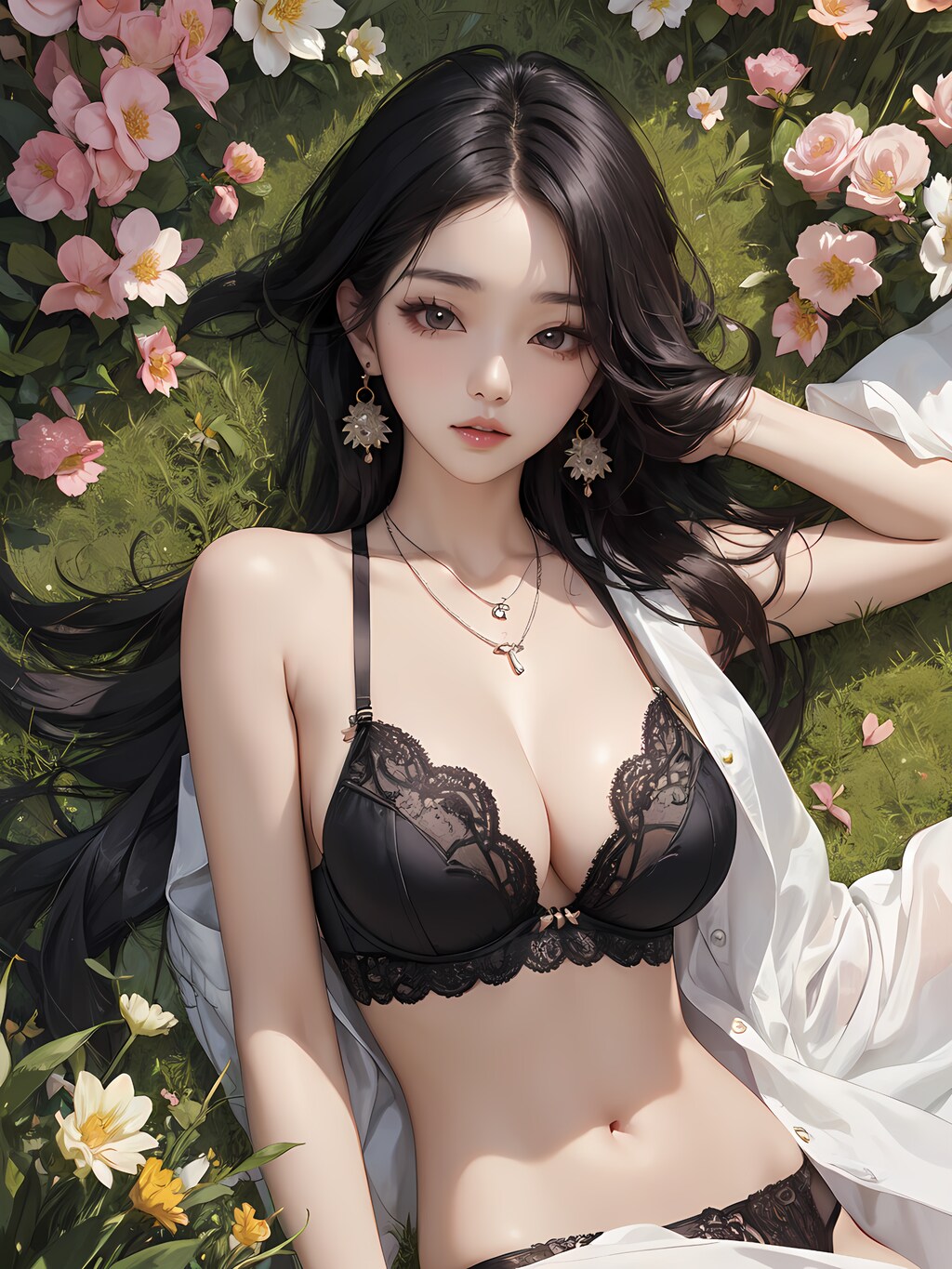 草むらに横たわる下着の女性