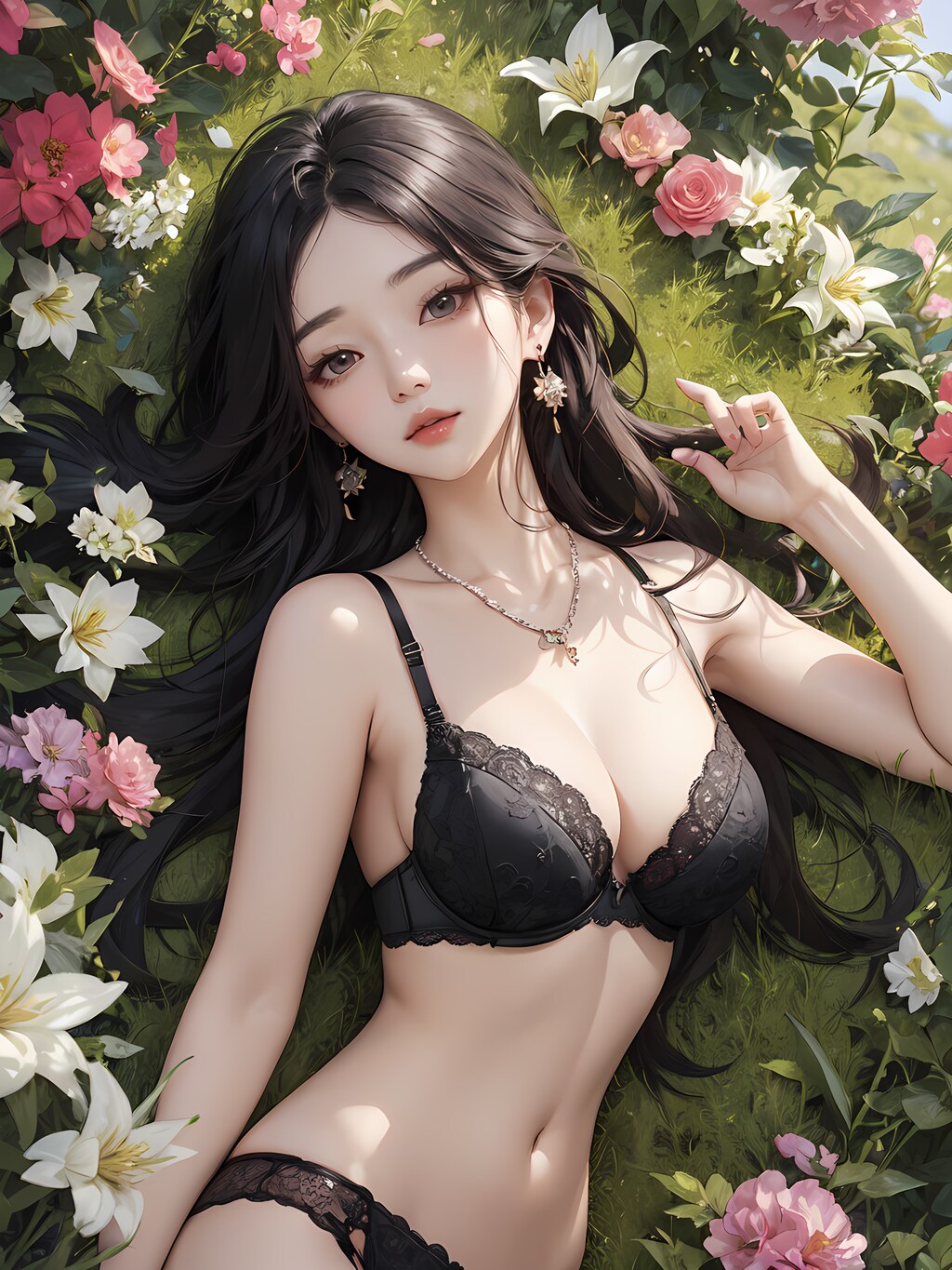 草むらに横たわる下着の女性