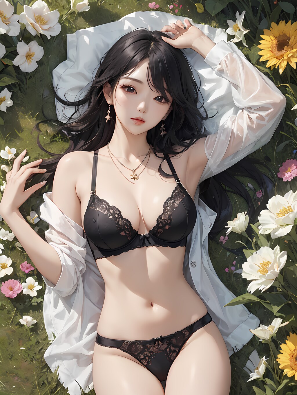 草むらに横たわる下着の女性