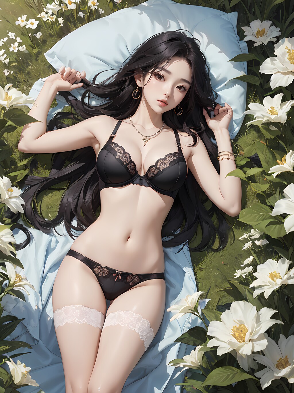 草むらに横たわる下着の女性