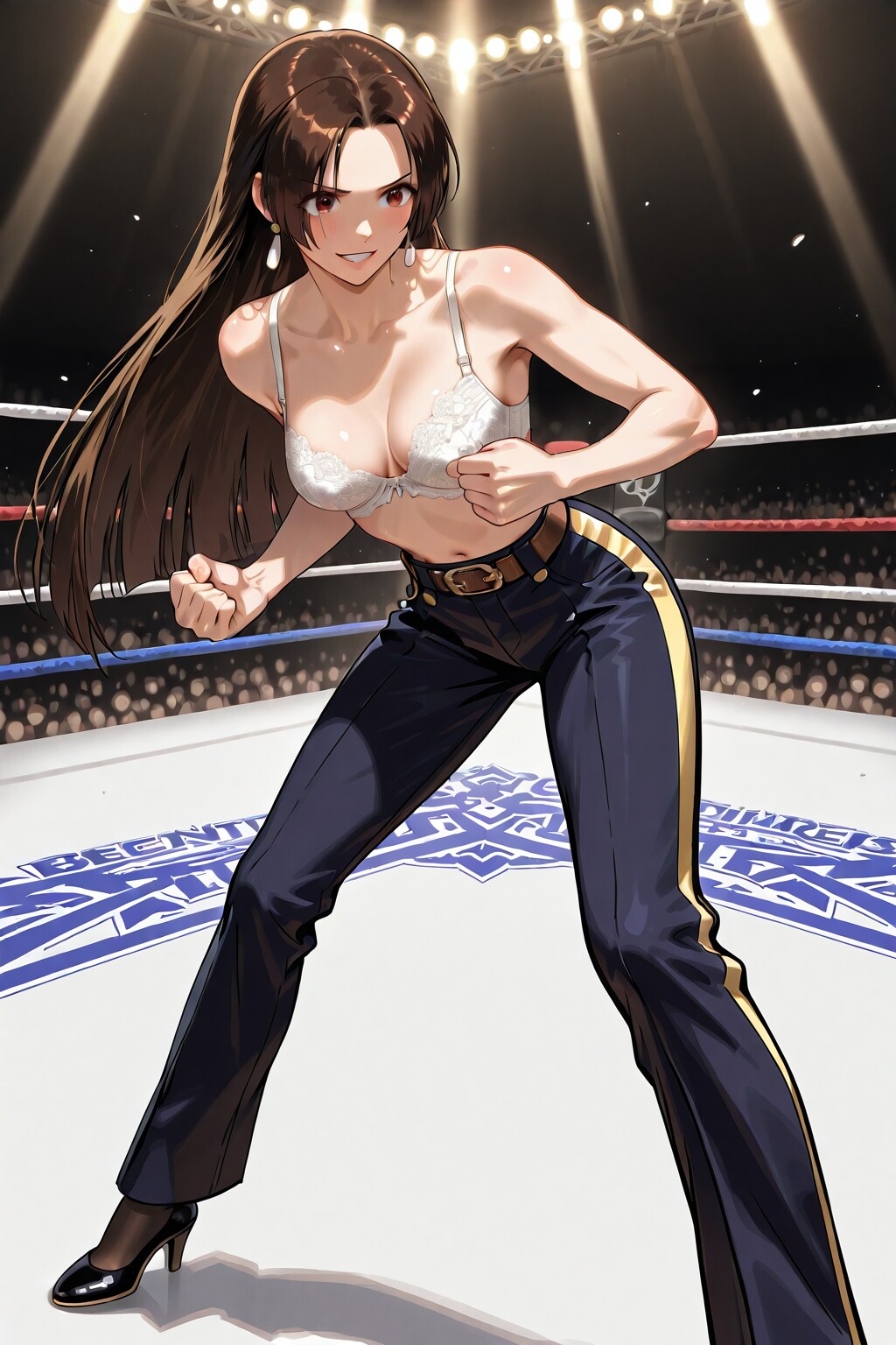 黒髪令嬢レスラーの純白レースブラジャーのプロレス