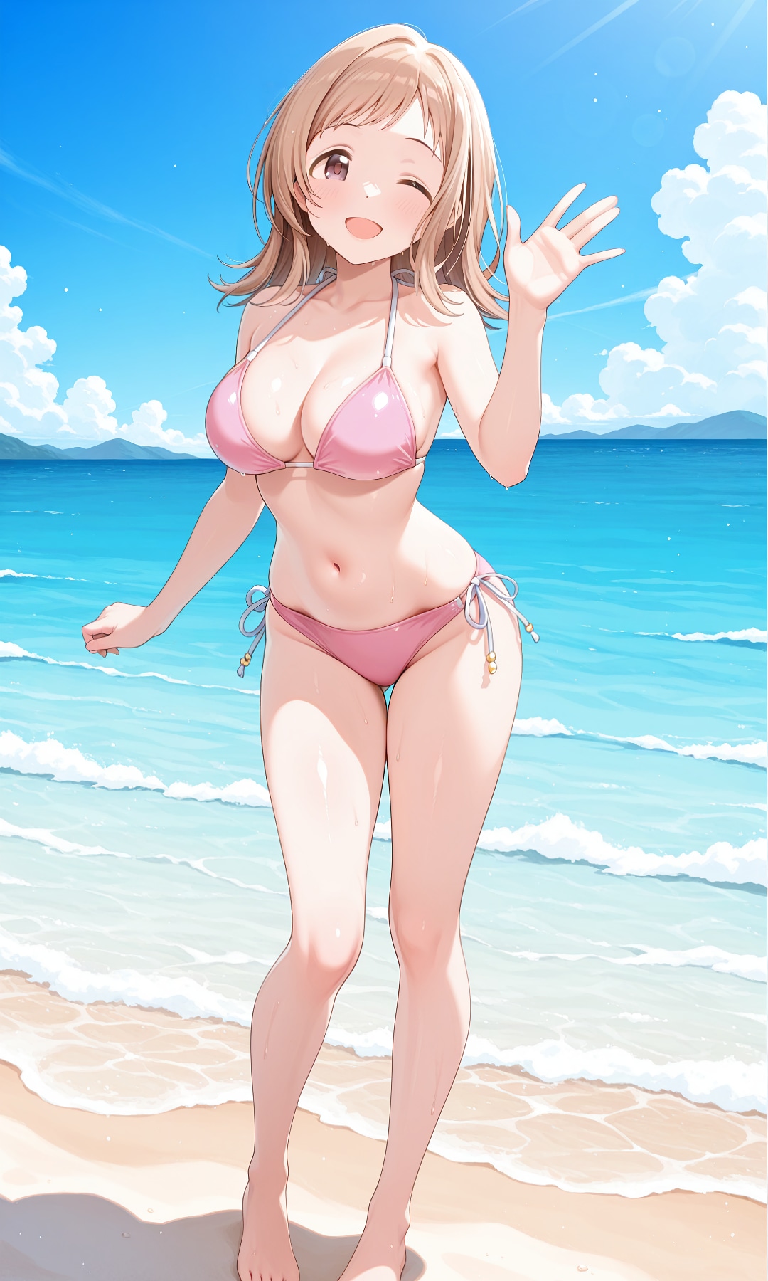 夏の海の手を振る真乃