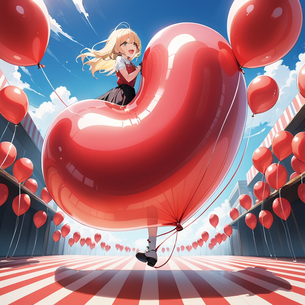 赤い巨大ハート風船に乗る女の子 | の人気AIイラスト・グラビア