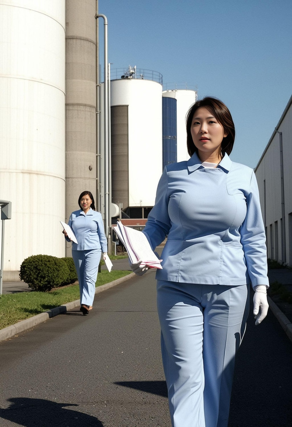 工場の敷地内を歩く従業員