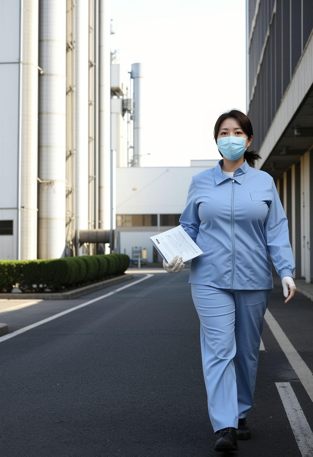 工場の敷地内を歩く従業員