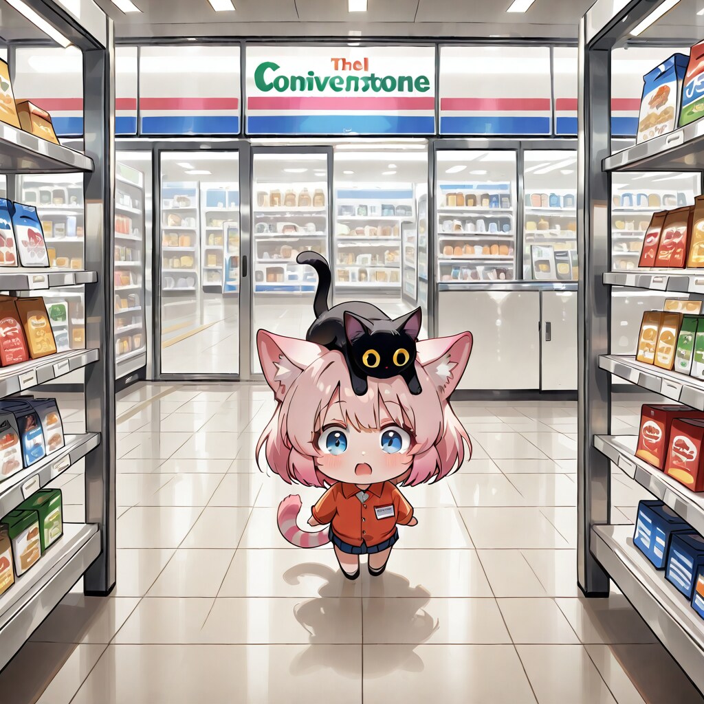 黒猫を乗せた猫娘とコンビニ