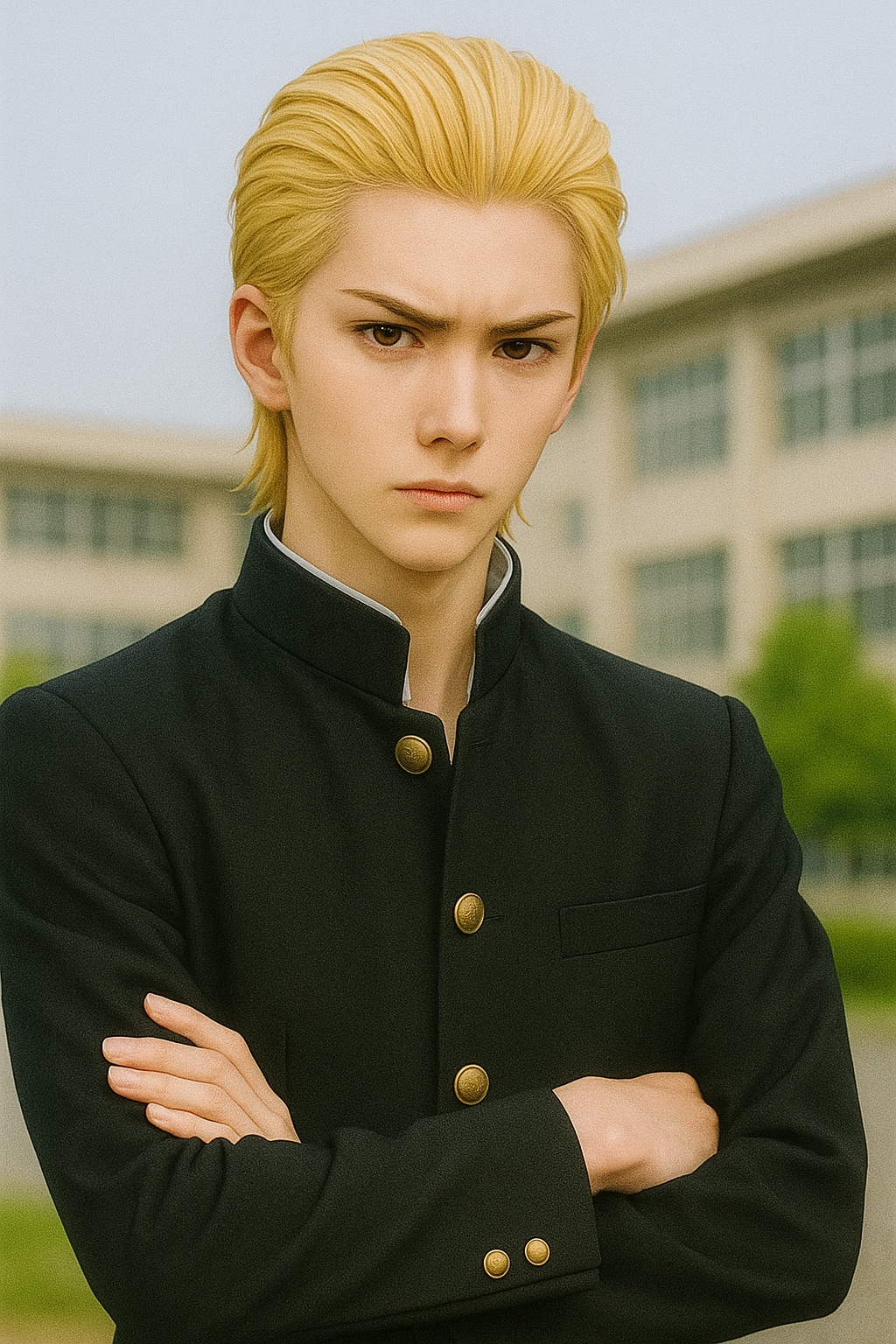 自分を美少年化　金髪オールバックのヤンキー風男子　鋭い目つきと威圧感のある表情　黒い学ランを着てる　背景は校舎前