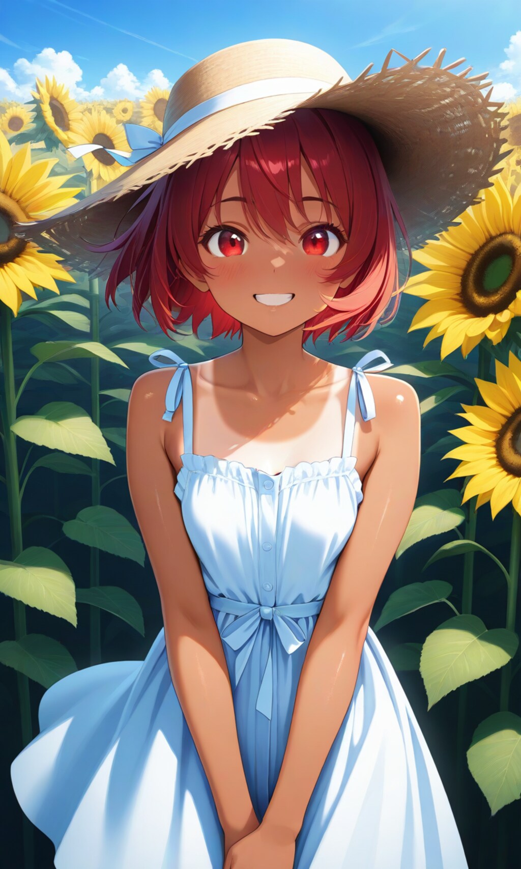 ひまわりと日焼け少女