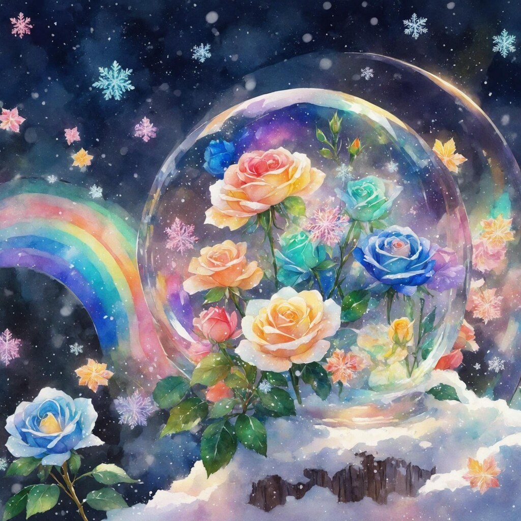 スノードームとバラの花