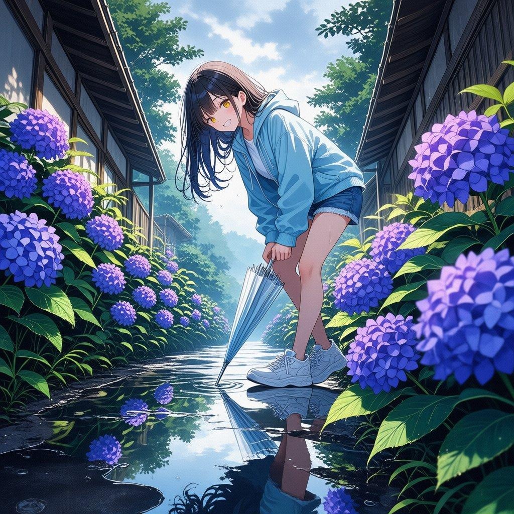 紫陽花と雨上がり