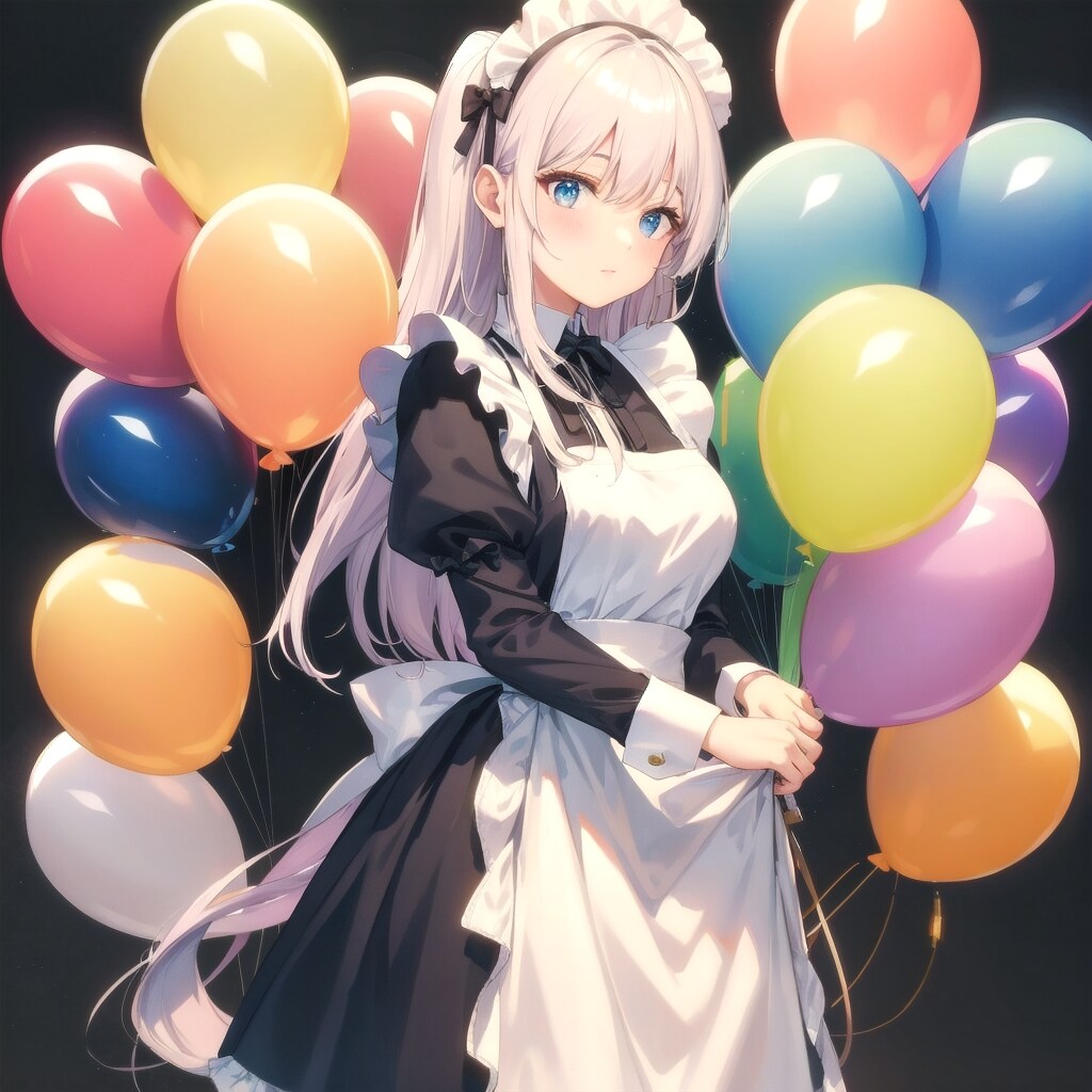 いっぱい色とりどりの風船を持つ白い髪ロングのメイド服着た美女