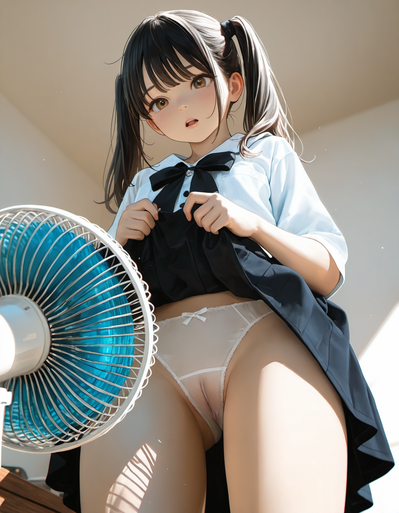 スカートをめくって扇風機で涼む