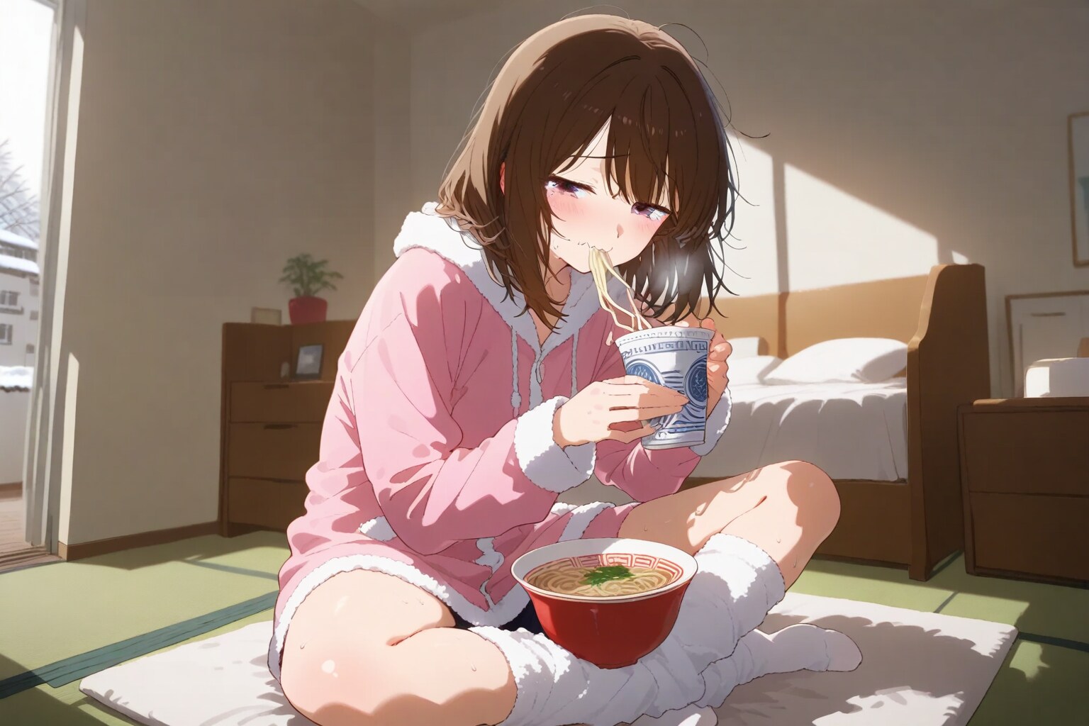 ラーメンをすするだらしない女の子
