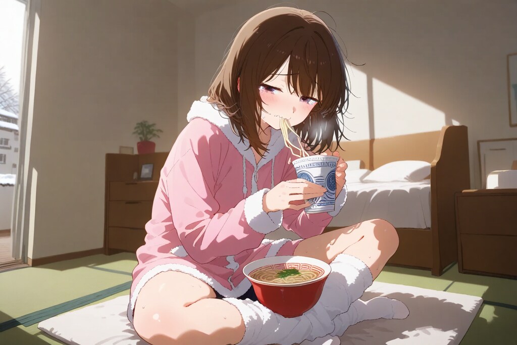 ラーメンをすするだらしない女の子