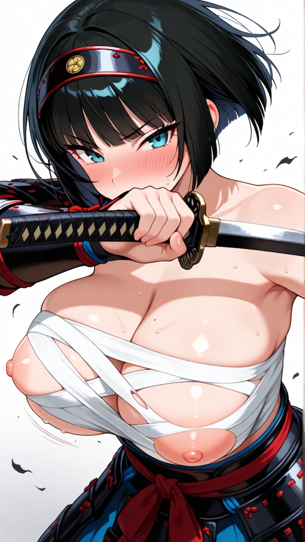男装侍の豊満なさらしの下を見られて迫ってくる赤面する巨乳ツリ目さん