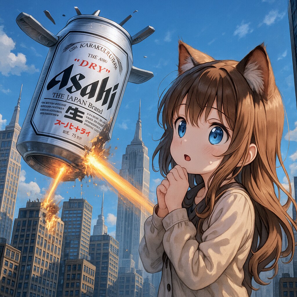 ビルを破壊するビールとそれを見る小さな女の子