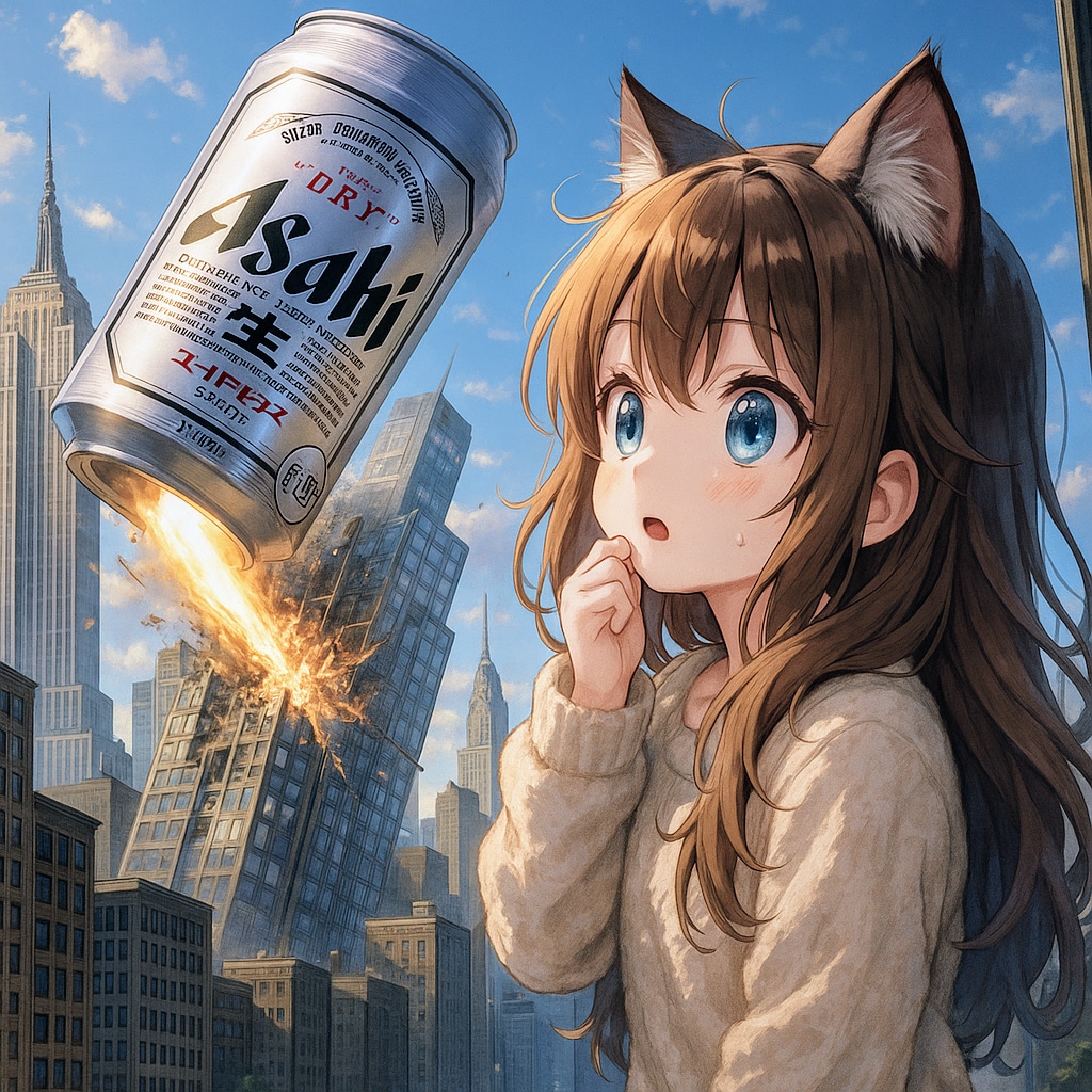 ビルを破壊するビールとそれを見る小さな女の子