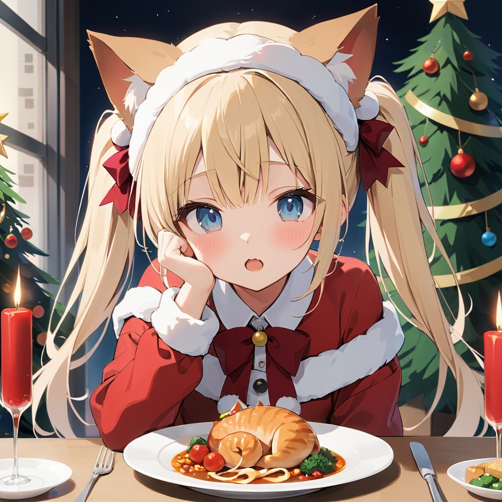 こるり「トマトきらーい」まや「クリスマスは関係ない現代猫耳娘。食えよ」 | の人気AIイラスト・グラビア