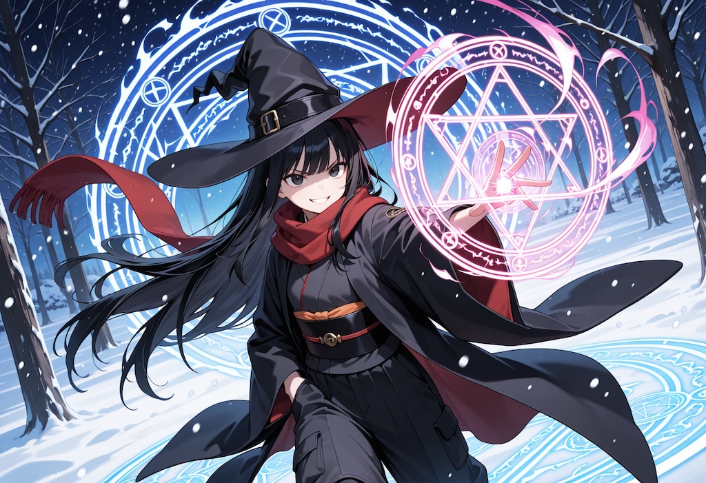 雪の森で魔法陣を同時展開する魔女さん