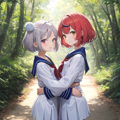 赤髪ショートと白髪ショートでセーラー服の少女２人 | の人気AIイラスト・グラビア