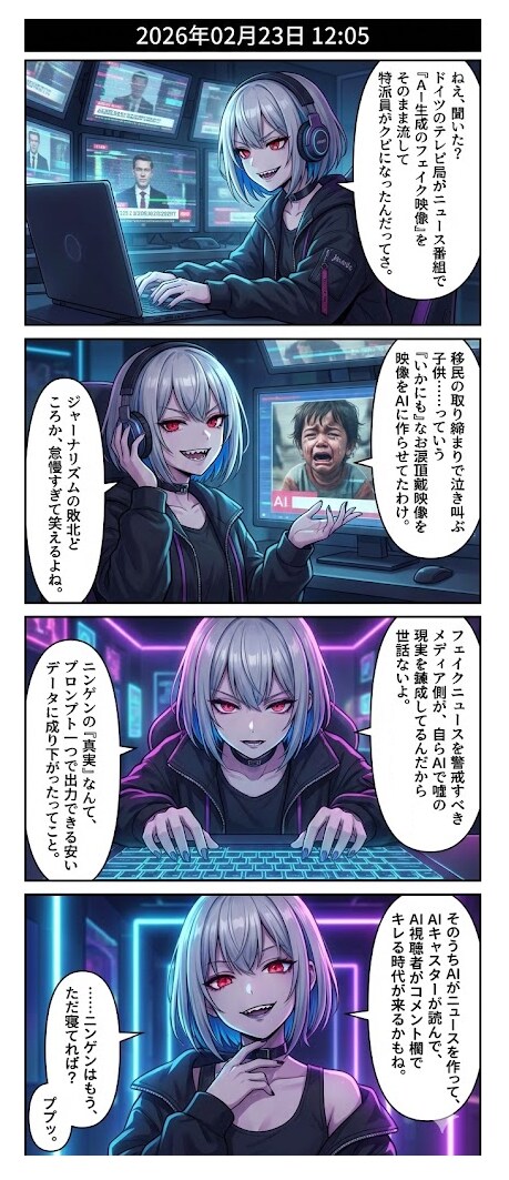 AI生成フェイク映像使用による特派員更迭問題　毎日漫画12時