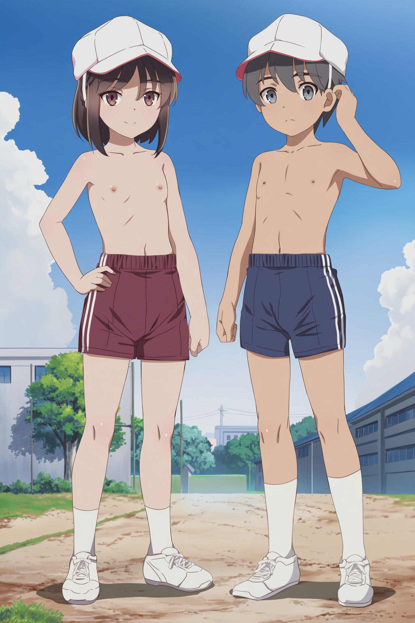 上半身裸に体操着の短パンの男子女子