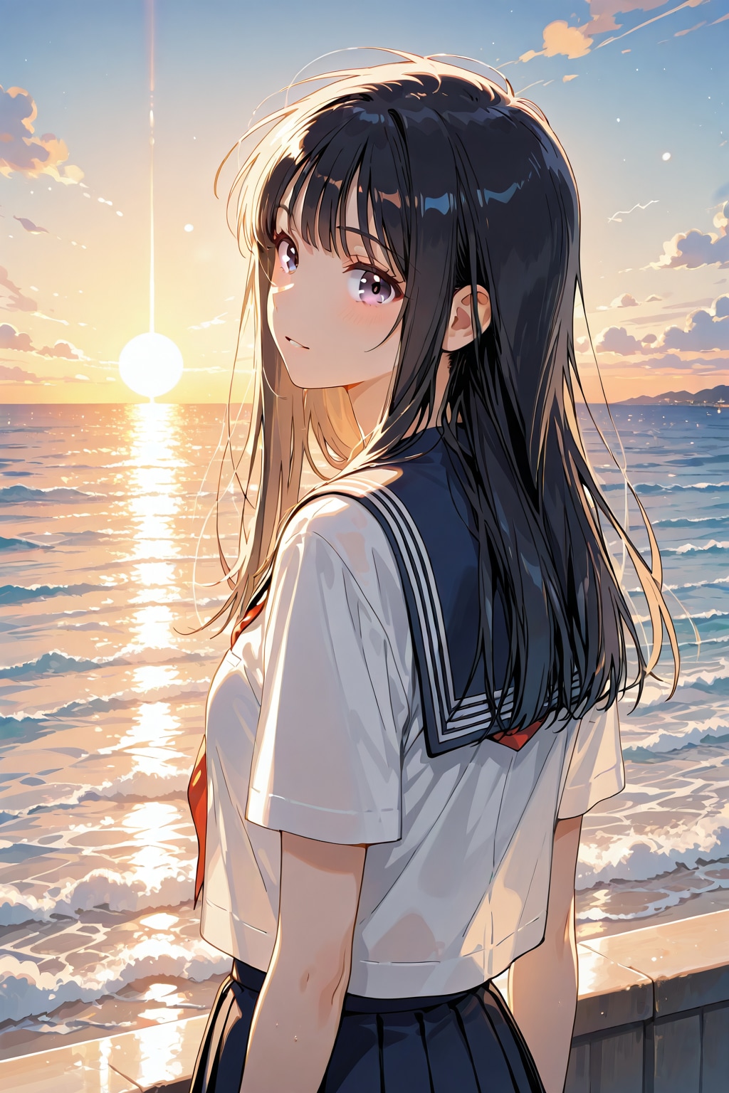 黒髪×セーラー服×朝の海