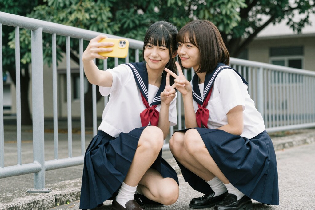 学校のフェンス前で、永遠の思い出撮り