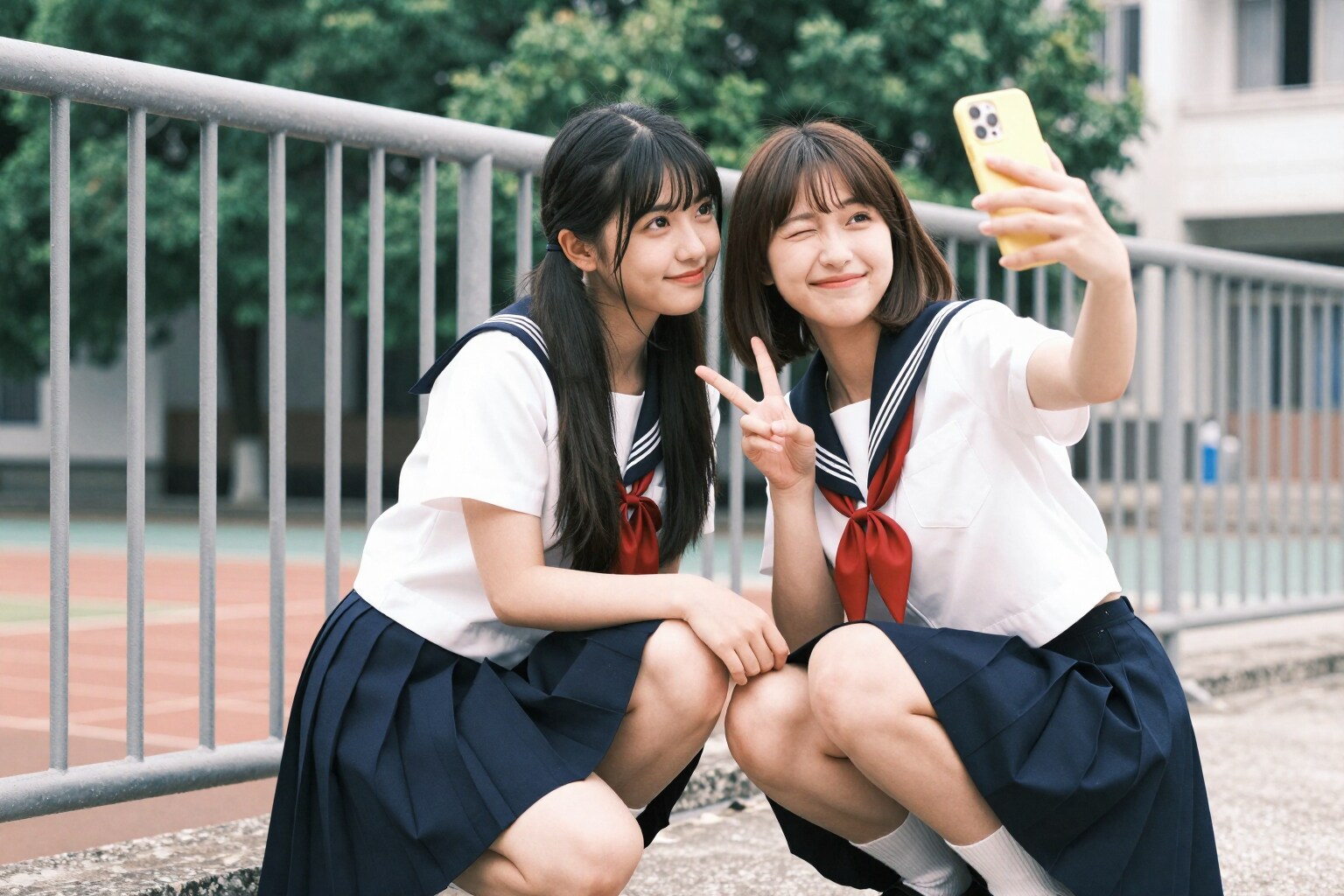 学校のフェンス前で、永遠の思い出撮り