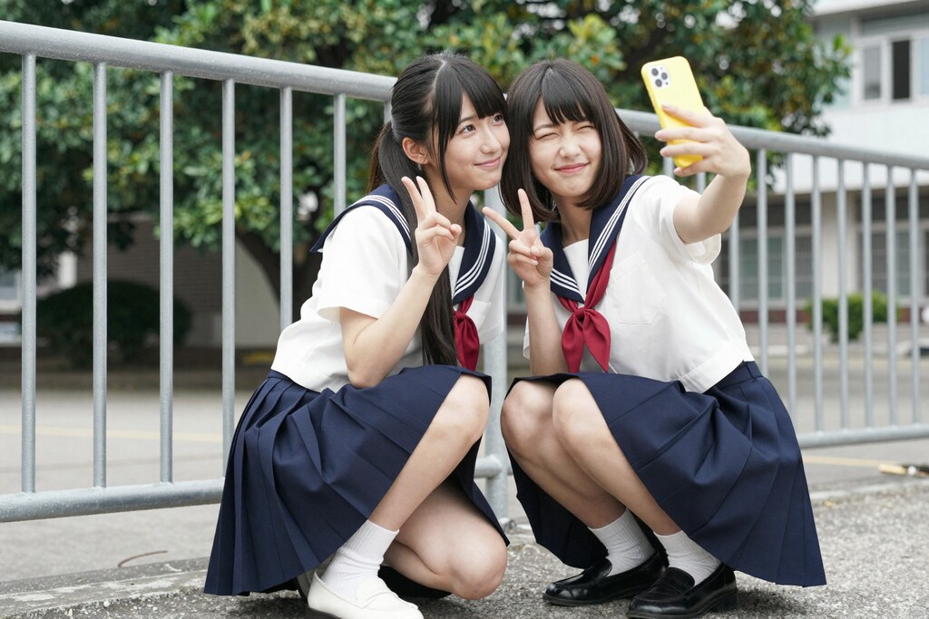 学校のフェンス前で、永遠の思い出撮り