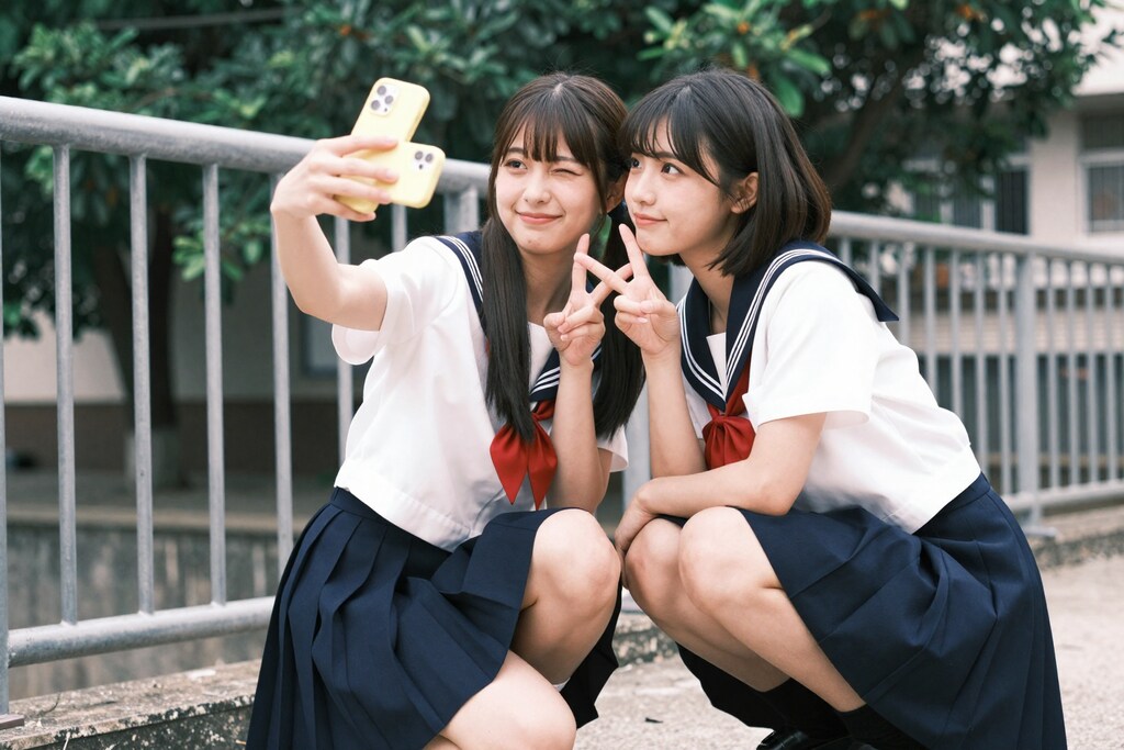 学校のフェンス前で、永遠の思い出撮り