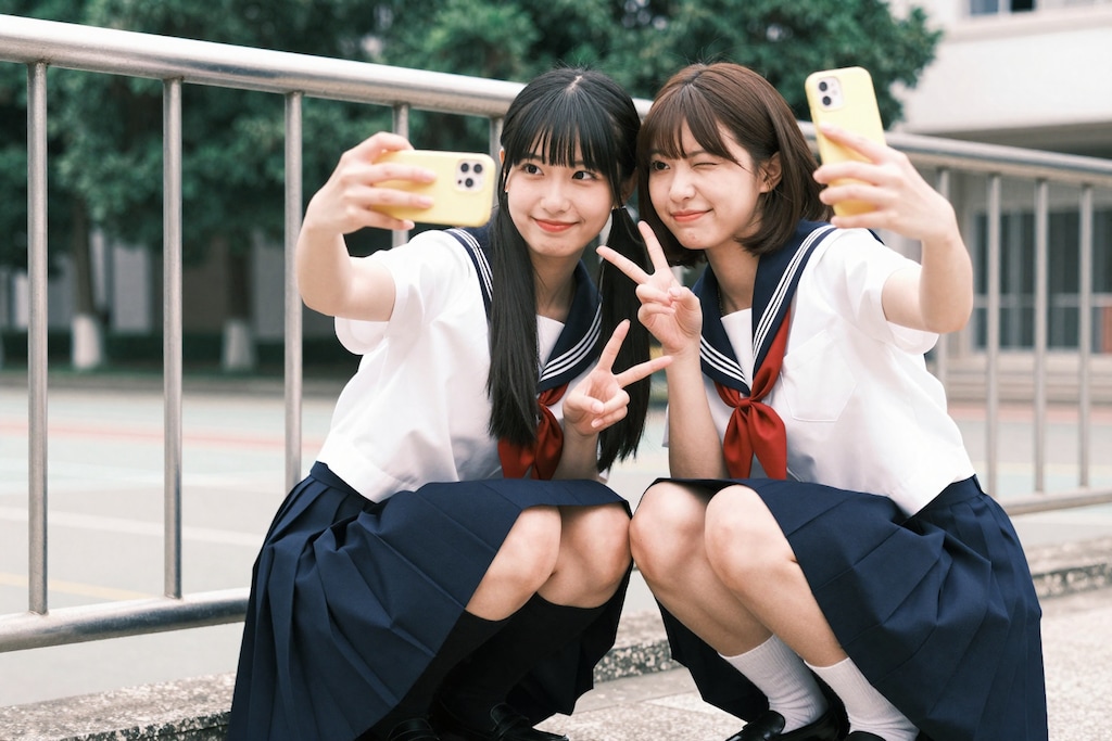 学校のフェンス前で、永遠の思い出撮り