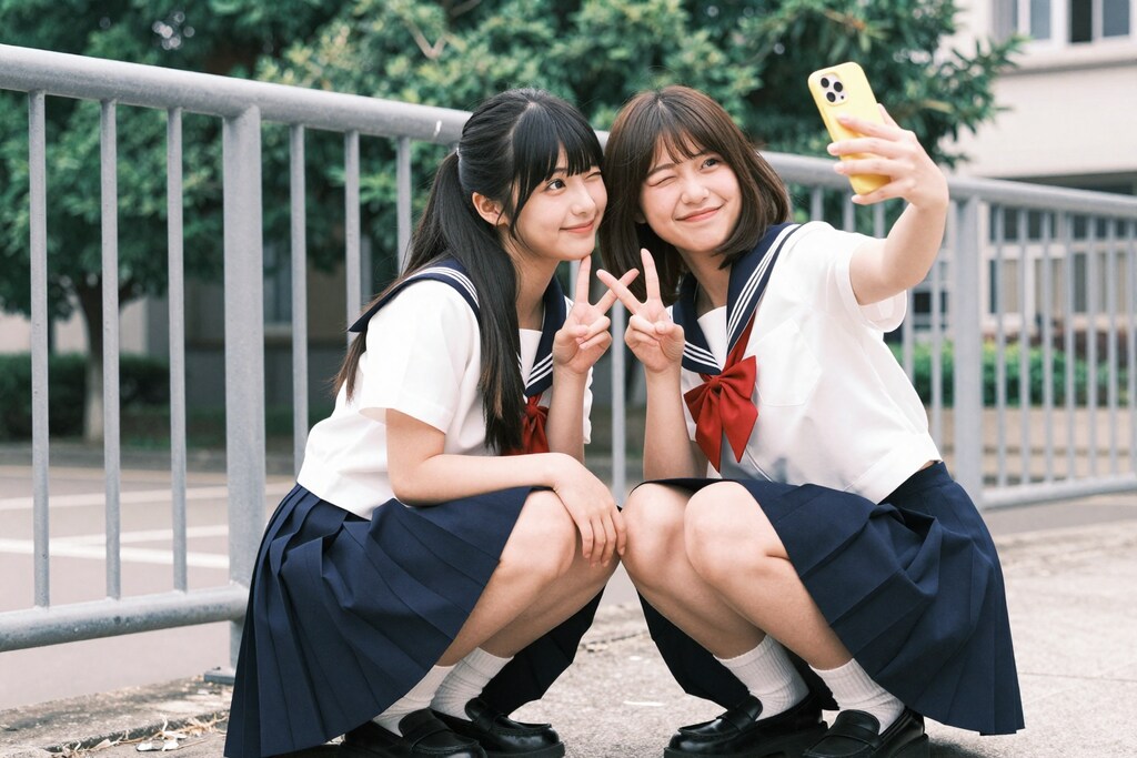学校のフェンス前で、永遠の思い出撮り