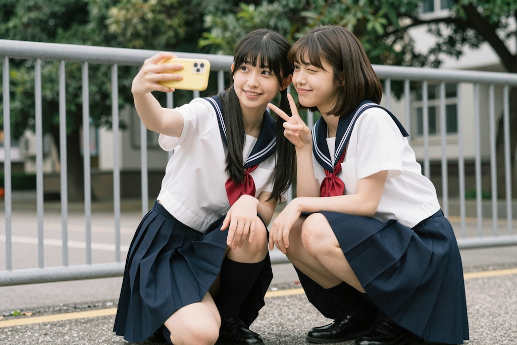 学校のフェンス前で、永遠の思い出撮り