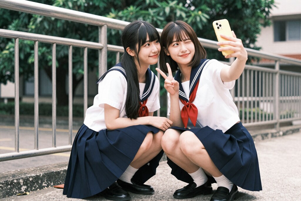 学校のフェンス前で、永遠の思い出撮り