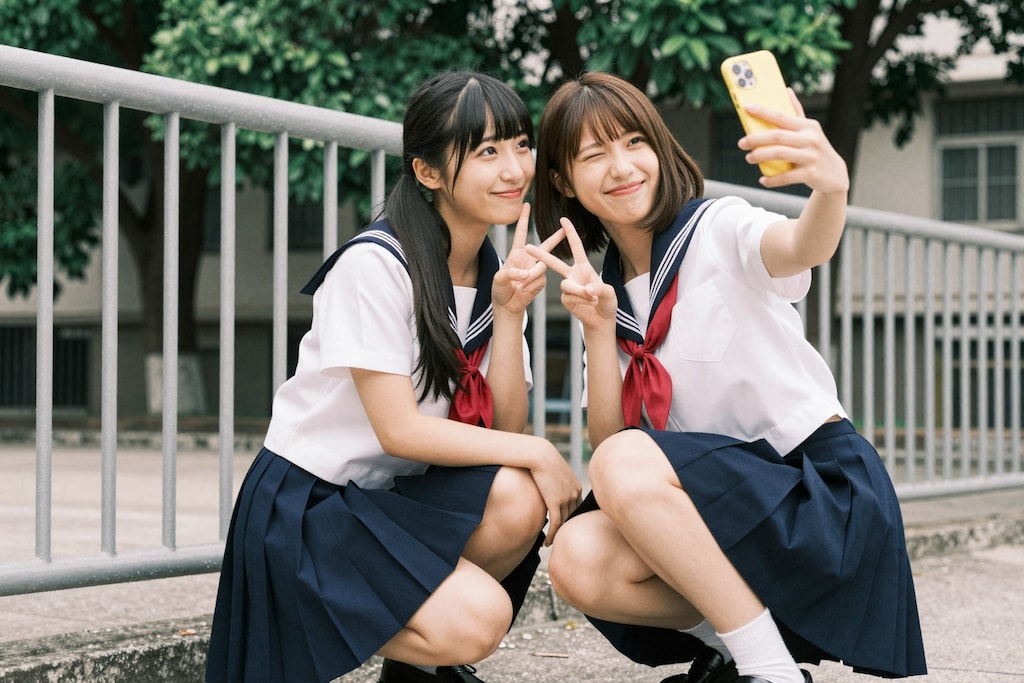 学校のフェンス前で、永遠の思い出撮り