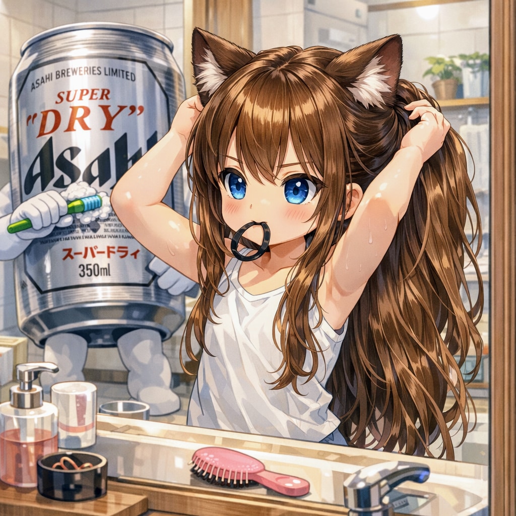 朝支度で髪を結う小さな女の子