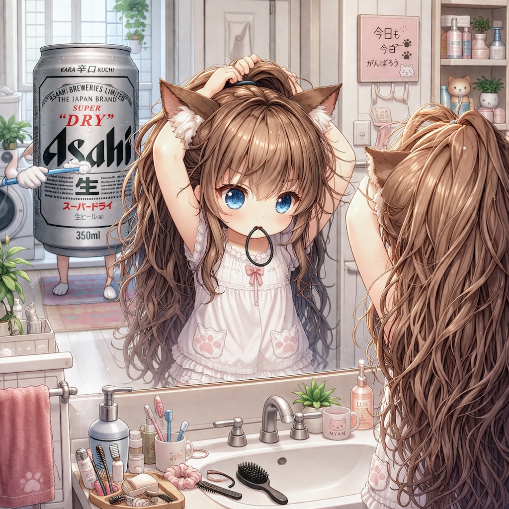朝支度で髪を結う小さな女の子