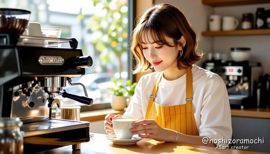 朝日に輝く笑顔のバリスタ - A smiling barista shining in the morning sun
