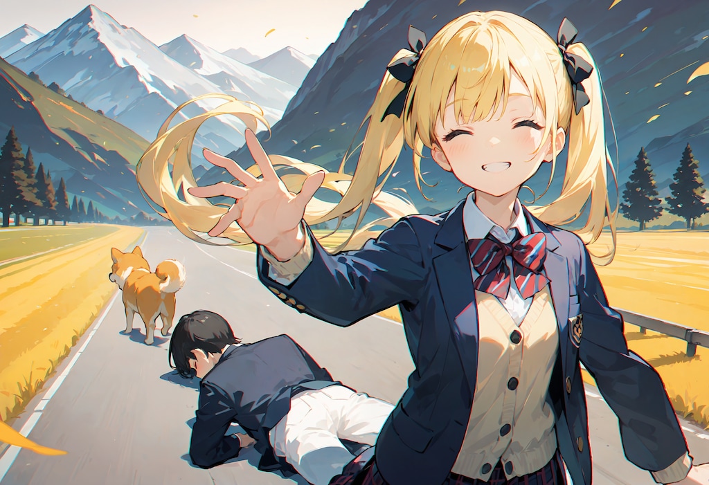 天地魔闘の構えで目を閉じた美桜ちゃんの後ろで犬が逃げてる写真