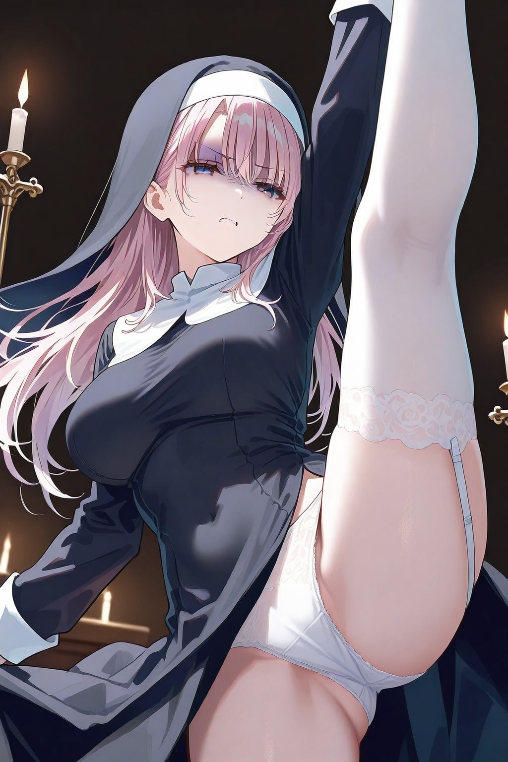 嫌な顔しながらもI字バランスでパンツ見せてくれるシスター