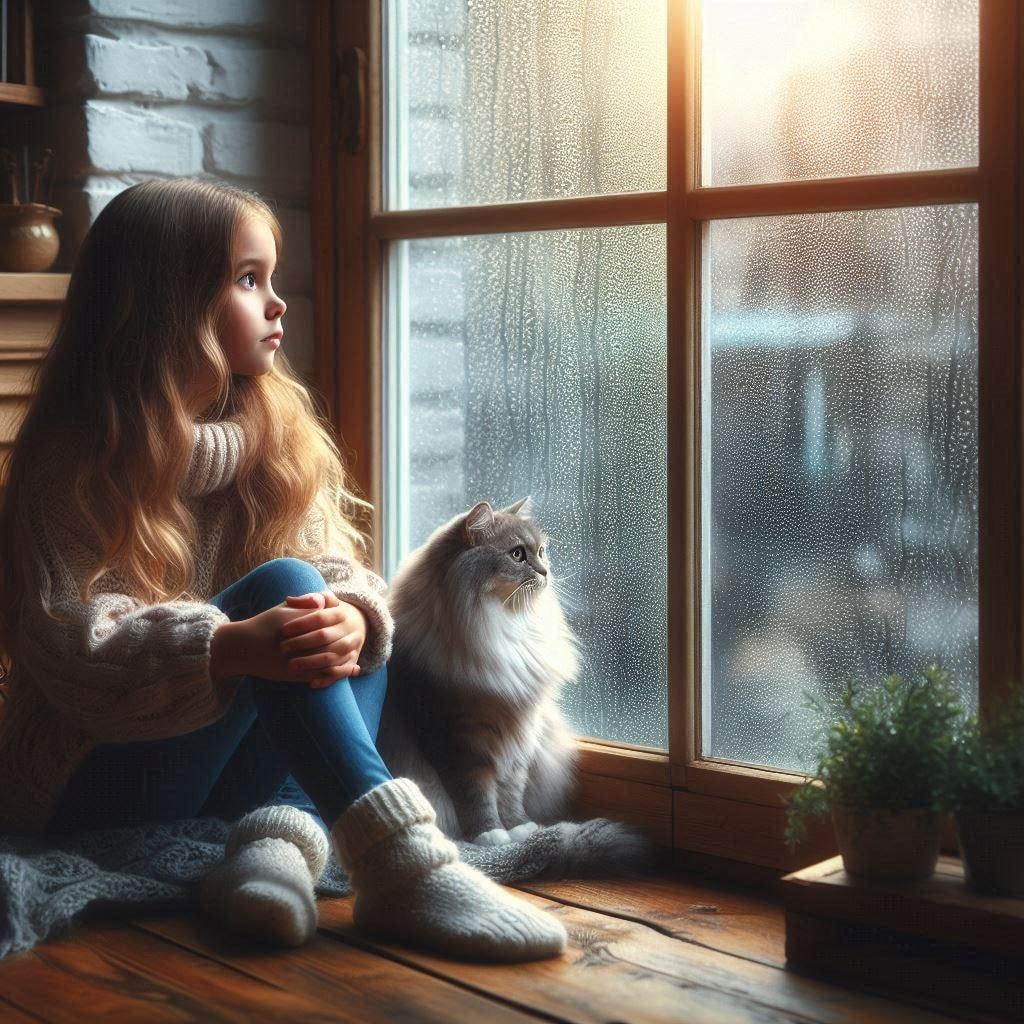 雨、少女、猫