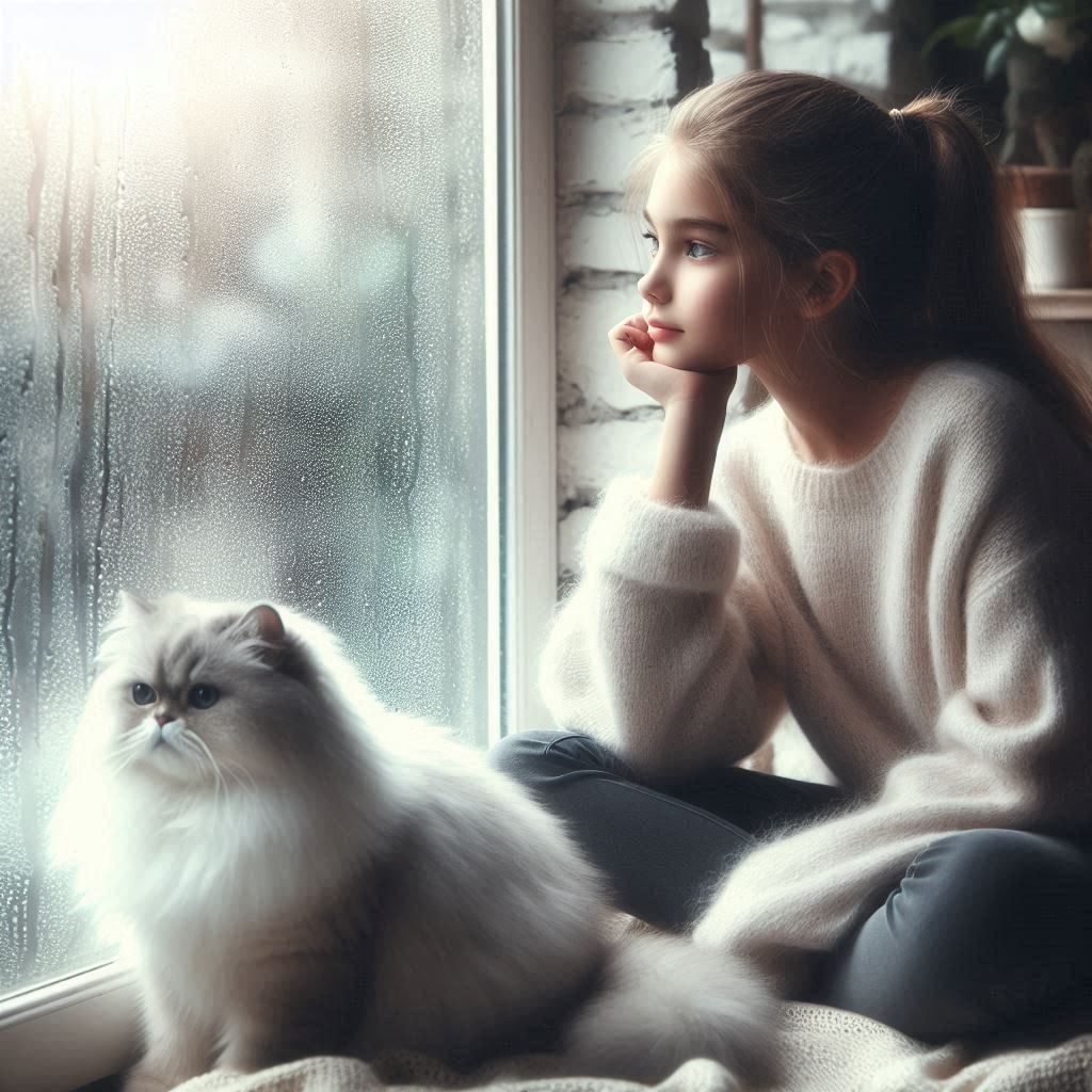 雨、少女、猫