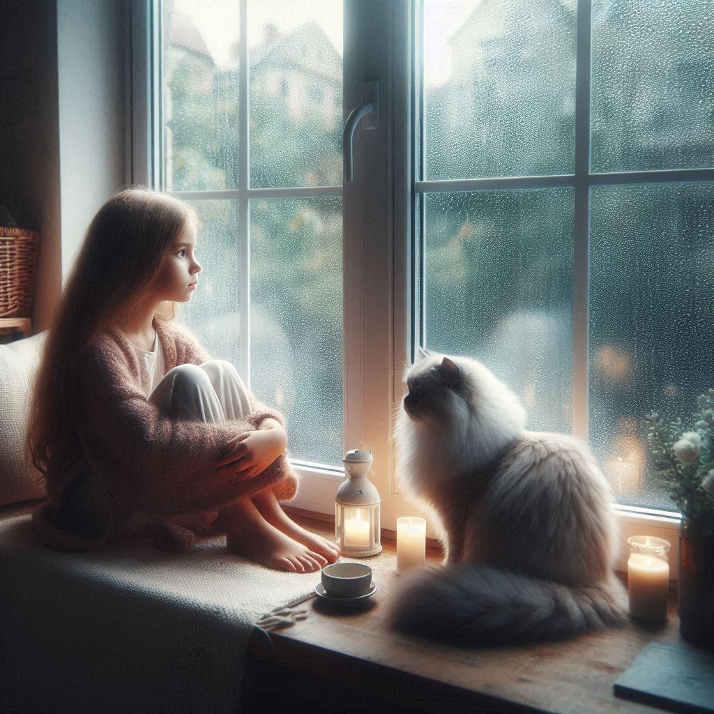 雨、少女、猫