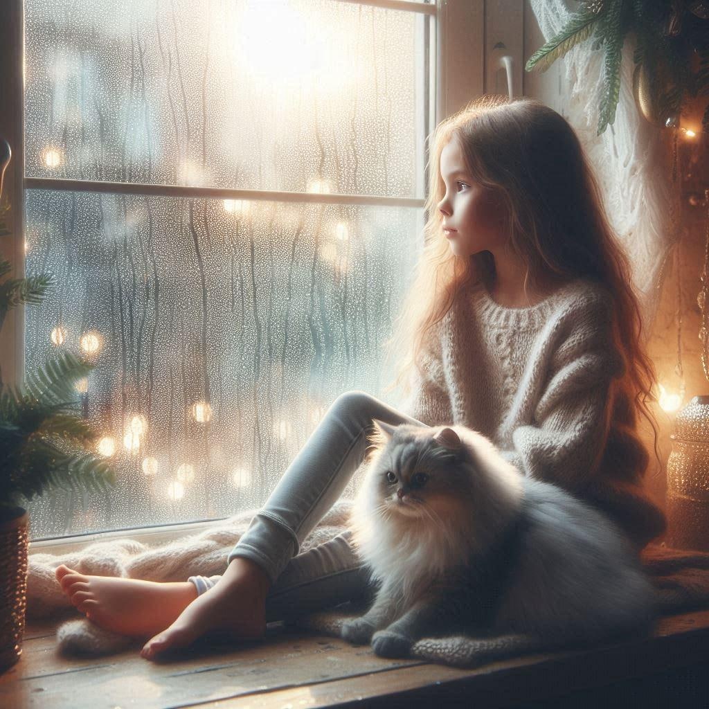 雨、少女、猫