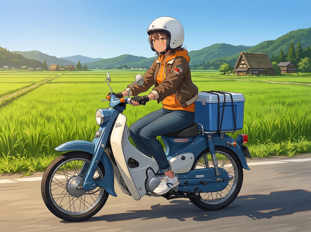 日焼け跡さんをカブ系バイクに乗せてみた。